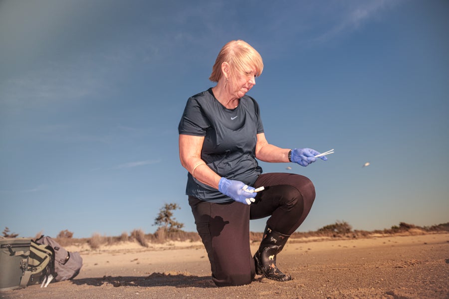 A woman kneeling in the sand on one knee holds cotton swabs in purple gloved hands on a beach