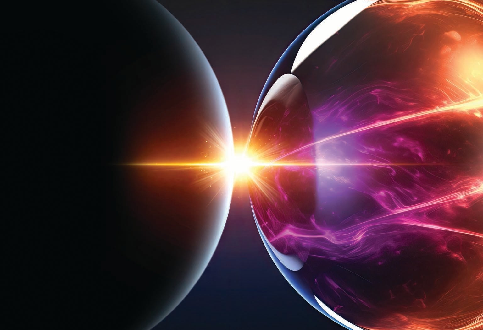 Illustration of two spheres nearly touching, with a bright yellow light near where they touch.