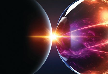 Illustration of two spheres nearly touching, with a bright yellow light near where they touch.