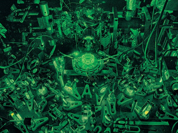 The inside of a hexagon-shaped ultrahigh vacuum chamber.