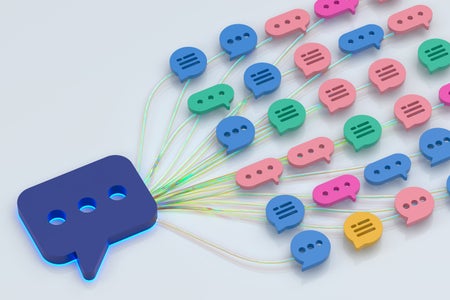 3D Illustration, chatbot speech bubble with many smaller speech bubbles branching off to the right side in an artificial intelligence neural network structure