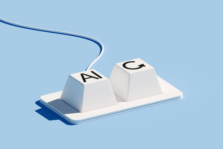 Digital illustration of a minimalist keyboard with just two keys, "AI" and a redo circular arrow icon is set against a blue background