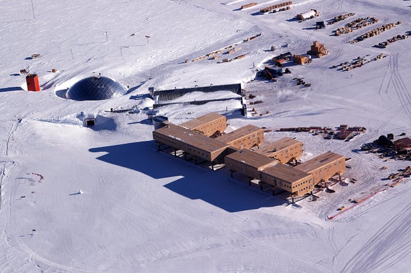 An aerial view of the U.S. Amundsen-Scott South Pole Station in Antarctica.