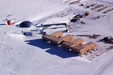 An aerial view of the U.S. Amundsen-Scott South Pole Station in Antarctica.