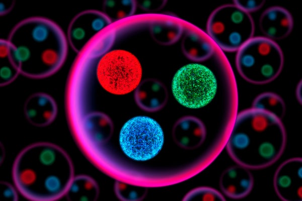 Baryon particle, illustration. Baryons are particles that are made up of three quarks (red, green and blue)