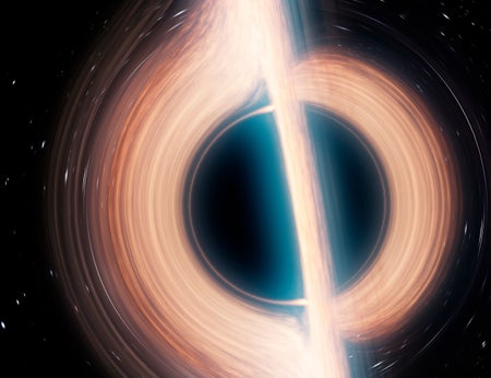 Artwork of black hole surrounded by an accretion disc of material, the light from which is warped by the strong gravity. Both the front of the disc and the portion behind the black hole are visible.