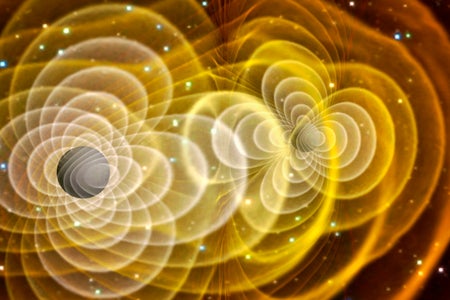 Illustration of two black holes merging and emitting gravitational waves