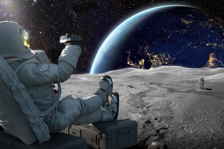 Digital illustration of an astronaut sitting on a crate on the lunar surface, holding up a smartphone recording the sun as it starts to rise over the earth
