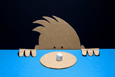 Photo illustration, 2d cardboard cutout of boy peeking over edge of table at a marshmallow on a dish. Marshmallow experiment concept