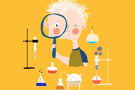 Illustration of a young child holding a magnifying glass surrounded by beakers and laboratory equipment