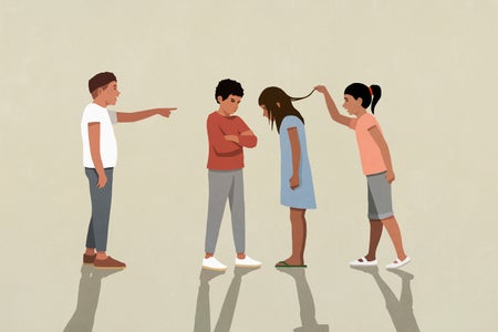 Illustration, kids bullying, picking on vulnerable girl while pointing at her and pulling her hair