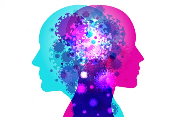 Two silhouette profiles overlaid with various blending semi-transparent infectious Covid-19