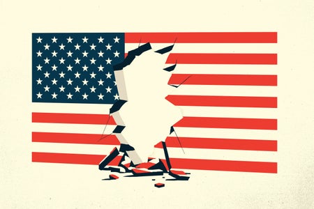 Illustration portraying the American flag broken by a jagged cracked hole running through its center and pieces of rubble on the surface in front of it