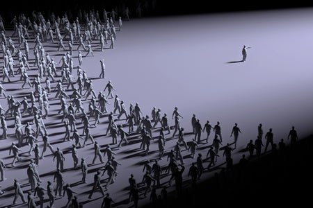 Black and white digital illustration depicting a person walking towards a light source, followed by a huge crowd of people