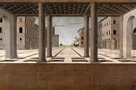 Painting of an architectural structure with linear perspective.