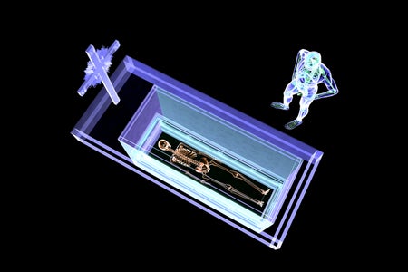 3D x-ray stylized illustration depicting a skeleton inside a coffin and grave with a cross tombstone. A living person stands at the side of the grave looking down towards the coffin