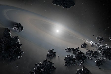 Illustration shows a white dwarf star siphoning off debris from shattered objects in a planetary system