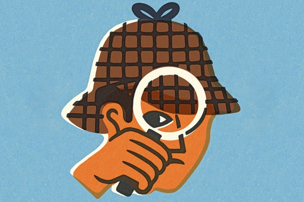 Vintage illustration, detective with magnifying glass on blue background