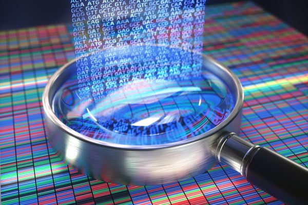 DNA (deoxyribonucleic acid) sequencing and magnifying glass, illustration