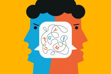 Illustration of stylized double faced head with speech bubble inside and jumbled text