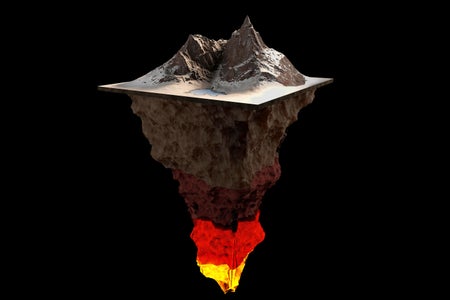 3-D illustration of a cross section of Earth's structure (Crust with a mountain, upper and lower mantle, outer and inner core) isolated on black