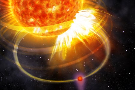 In this artist’s impression, we see the planet HIP 67522 b sending a wave of energy down the magnetic field lines toward the surface of its host star, which it is closely orbiting. When the wave meets the end of the magnetic field line at the star’s surface, it triggers a massive flare