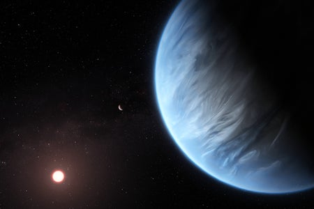 Artist’s illustration of an exoplanet orbiting a red dwarf star