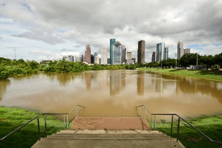 Flooding after Hurricane Beryl in Buffalo Bayou Park near downtown Houston in July 2024