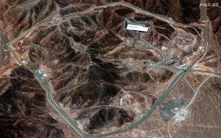 Satellite imagery of the Fordo enrichment facility located approximately 60 miles southwest of Tehran, Iran, after bombing in the region by Israel. No visible damage is observed