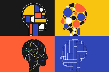 Illustration, grid of 4 human head silhouettes in profile in varying color and pattern variations