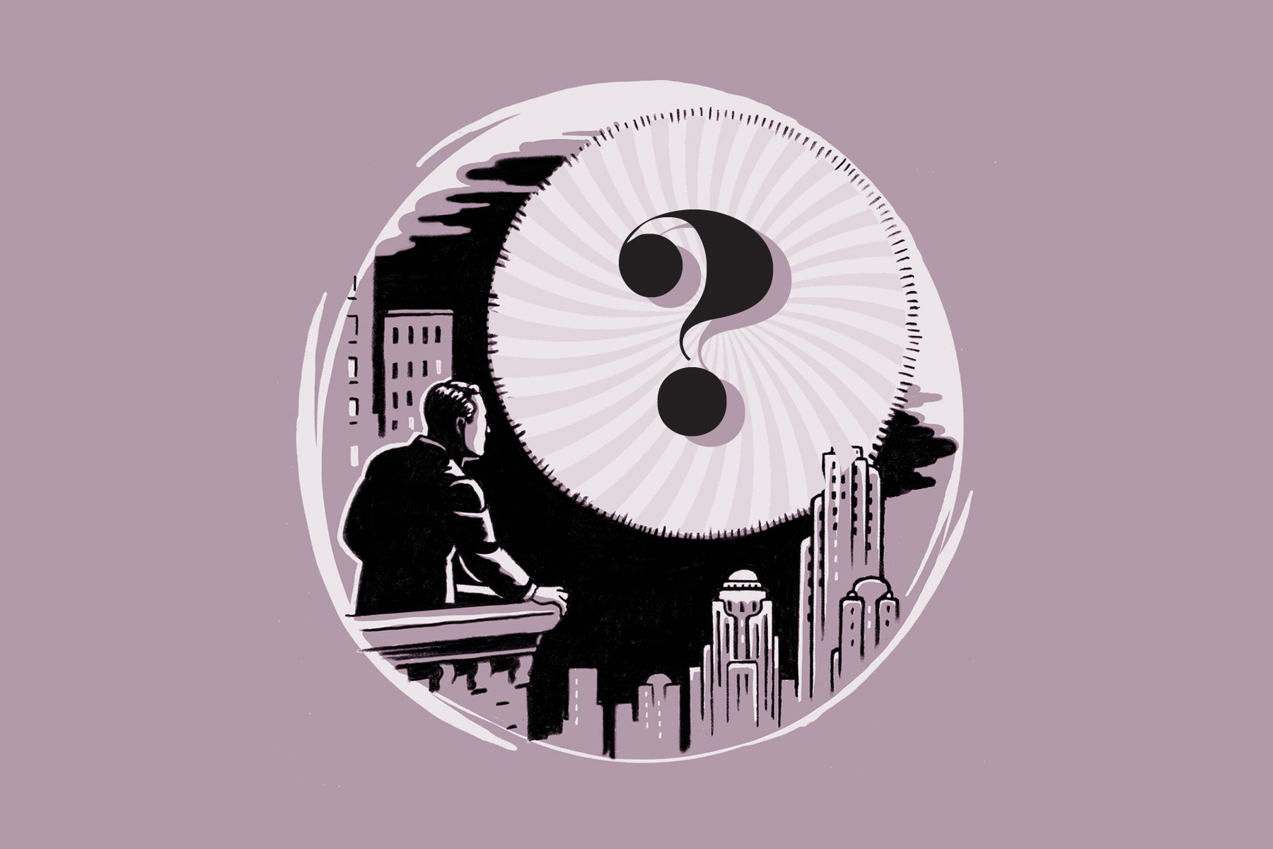 A figure on a balcony looks out over an illustrated cityscape, contemplating a giant question mark in the sky