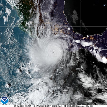 GEOCOLOR Composite satellite image of Hurricane Otis over Acapulco, Mexico on October 24, 2023