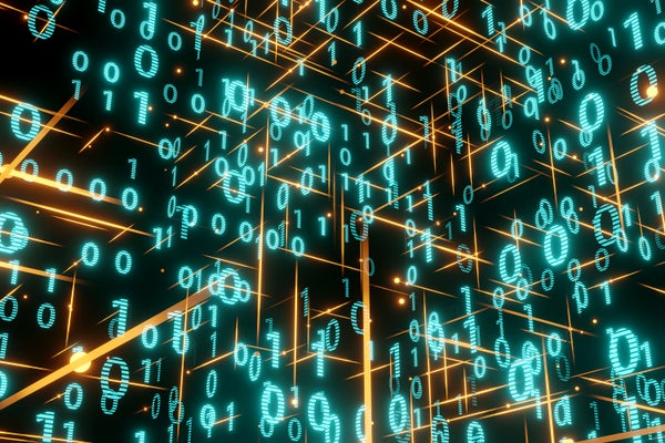 Neon glowing binary number zero and one in an invisible cube outlined by partial orange lines