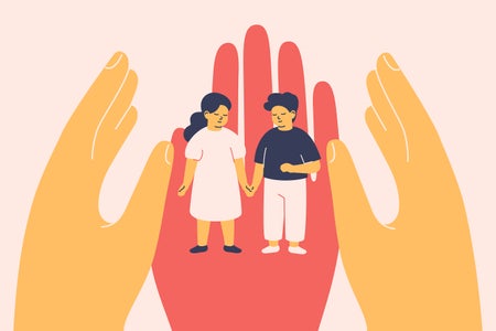 Illustration, human hands surrounded boy and girl