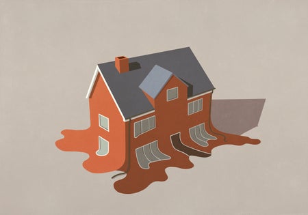Illustration, house melting on beige background
