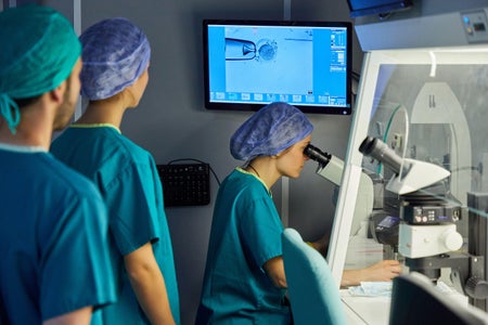 Intracytoplasmic sperm injection (ICSI) procedure being performed in a hospital for in vitro fertilization (IVF)