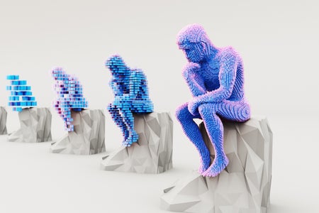 Digital illustration, structure made of cubes evolves from simple (on the left) to gradually a more complex shape of a thinking or contemplating person seated on a rock