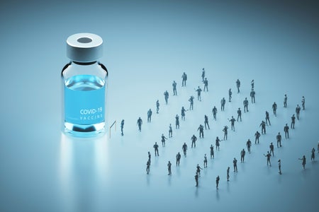 Digital illustration of huge COVID-19 vaccine vial standing on blue surface with people waiting in line for vaccination