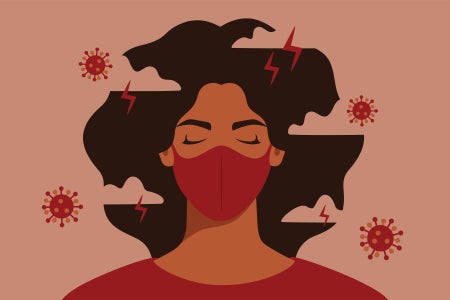 Illustration on woman with mask and covid virus illustrations around head.