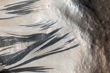 Many dark and light-toned slope streaks are visible on the wall of the trough surrounded by dunes in an area of Mars called Acheron Fossae