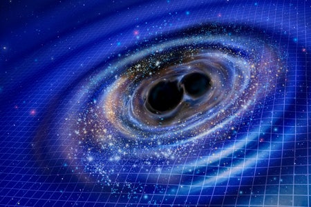 Illustration of the merger of two black holes, a phenomenon that creates gravitational waves, shown here as ripples