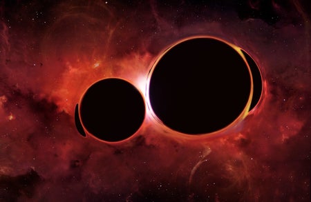 Illustration of two black holes orbiting each other. Eventually the black holes will merge, an event that will produce gravitational waves.