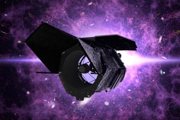 Artist rendering of the Nancy Grace Roman Telescope in orbit, silhouetted in front of a vibrant purple field of space