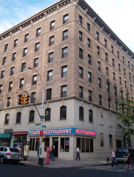 Street-level view of the building that houses NASA's Goddard Institute for Space Studies, which also features a diner on the ground floor.