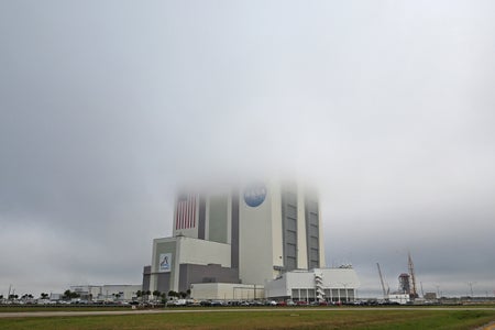 The Vehicle Assembly Building at NASA's Kennedy Space Center in Florida shrouded in fog