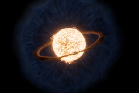 An artist’s concept depicts a ring of hot gas left by around a star after a planet fell into it.