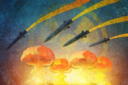 Explosive nuclear missile launch with mushroom clouds