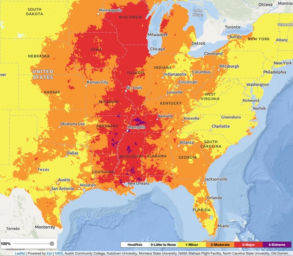 Heat Risk map of Eastern US showing areas under moderate (orange), major (red) and extreme (magenta) heat risk