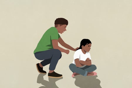 Illustration, father kneeling down, reaching out hand to comfort angry daughter sitting on ground with arms crossed