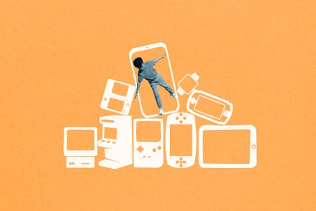 Illustration of a person balancing on electronic devices